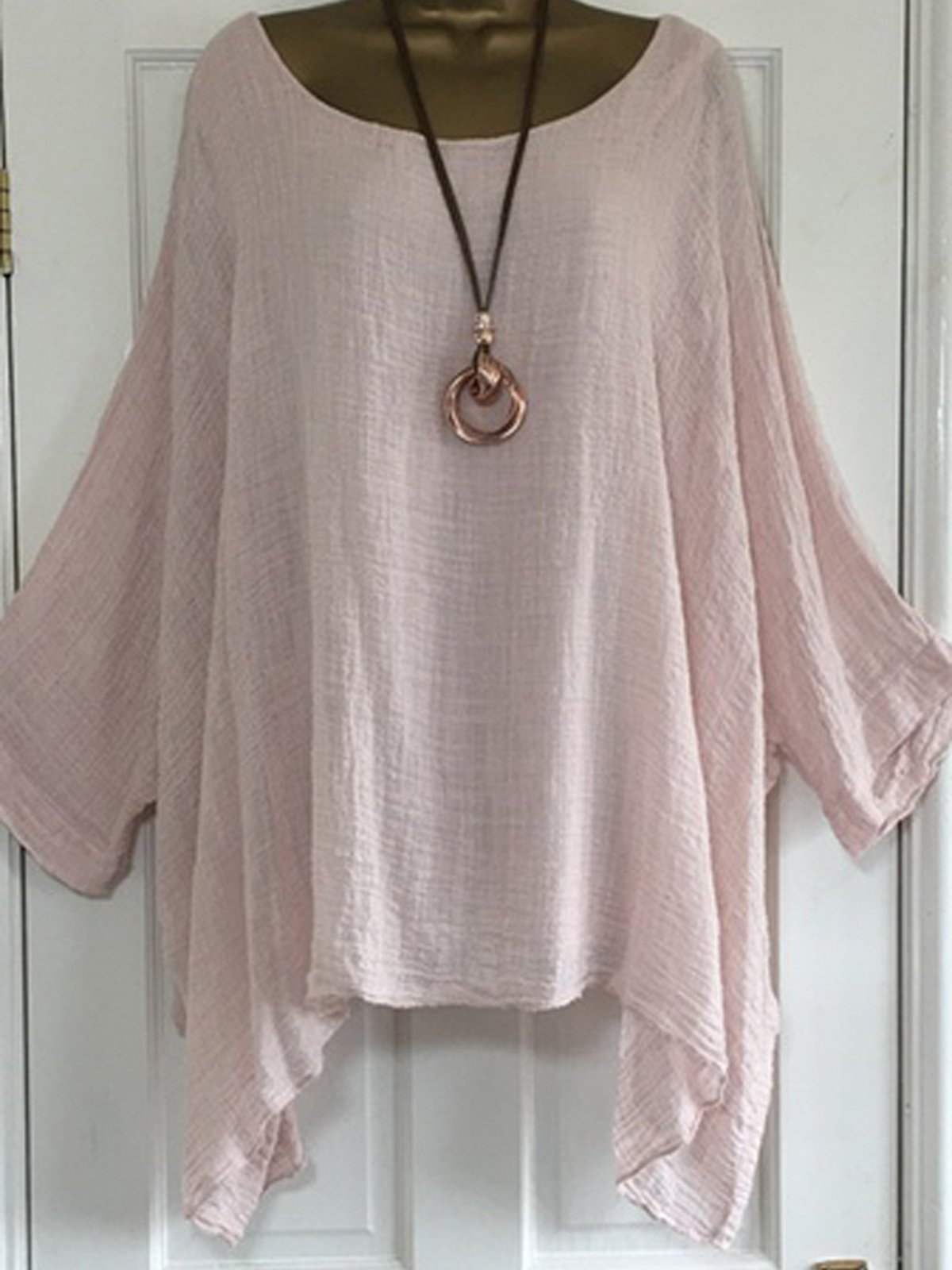 Cotton-Blend Loose Casual Solid Crew Neck Shirt & Blouses